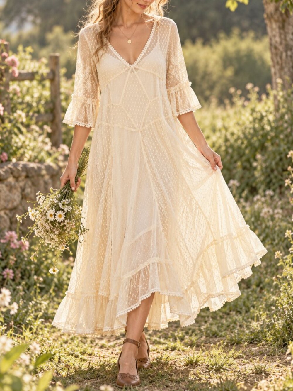 Sundance Ivory Swiss Dot Lace Maxi Dress Embroidered Size S